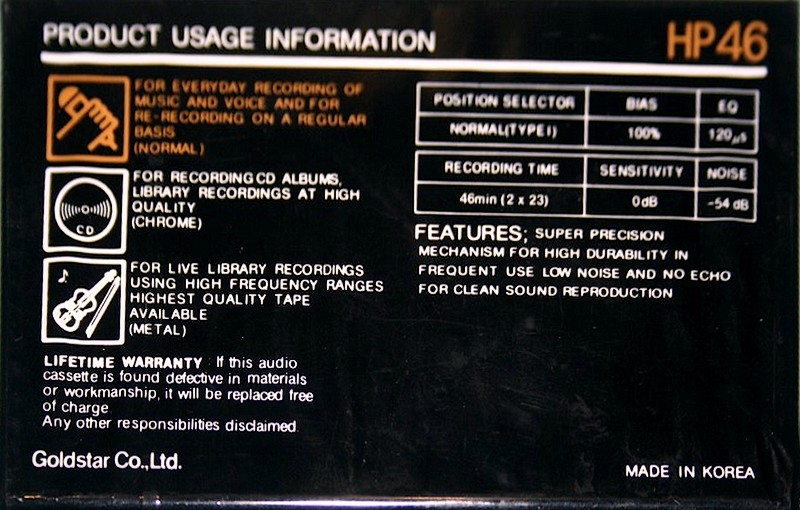 Compact Cassette Goldstar HP 46 Type I Normal 1989 USA
