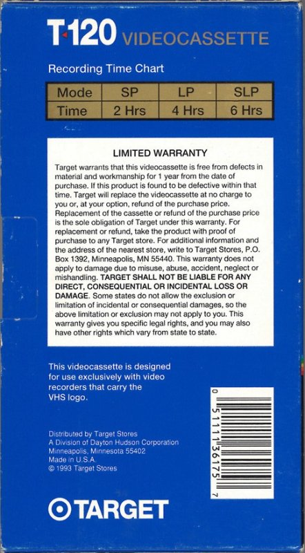 VHS, Video Home System Target HQ 120 Type I Normal 1993 USA