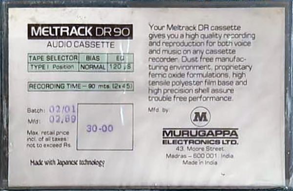 Compact Cassette Meltrack DR 90 Type I Normal 1989 India