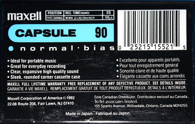 Compact Cassette Maxell Capsule 90 Type I Normal 1992 North America