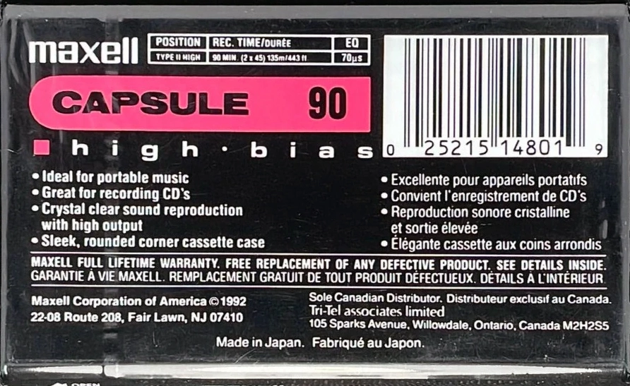 Compact Cassette Maxell Capsule 90 Type II Chrome 1992 North America
