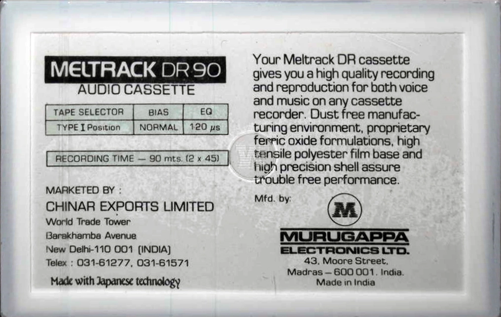 Compact Cassette Meltrack DR 90 Type I Normal 1988 India