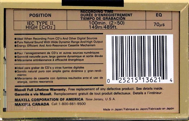 Compact Cassette Maxell XLII 100 Type II Chrome 1994 North America