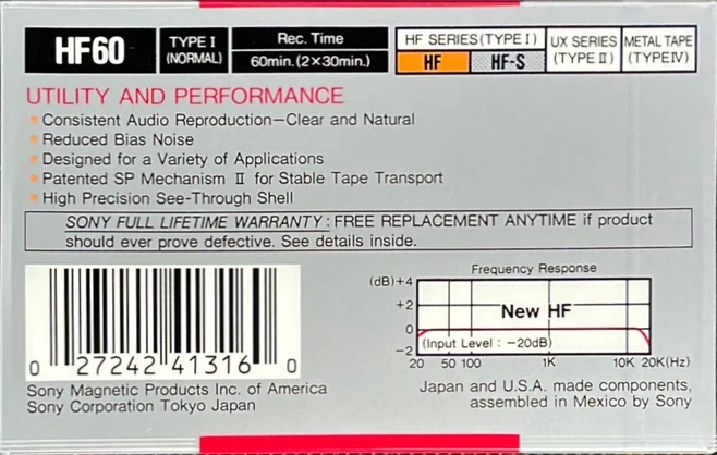 Compact Cassette Sony HF 60 Type I Normal 1988 USA