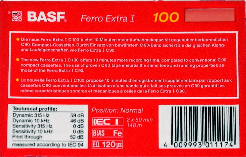 Compact Cassette BASF Ferro Extra I 100 Type I Normal 1988 Europe