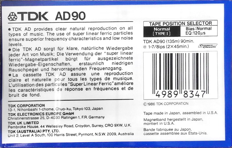 Compact Cassette TDK AD 90 Type I Normal 1986 Australia, Europe