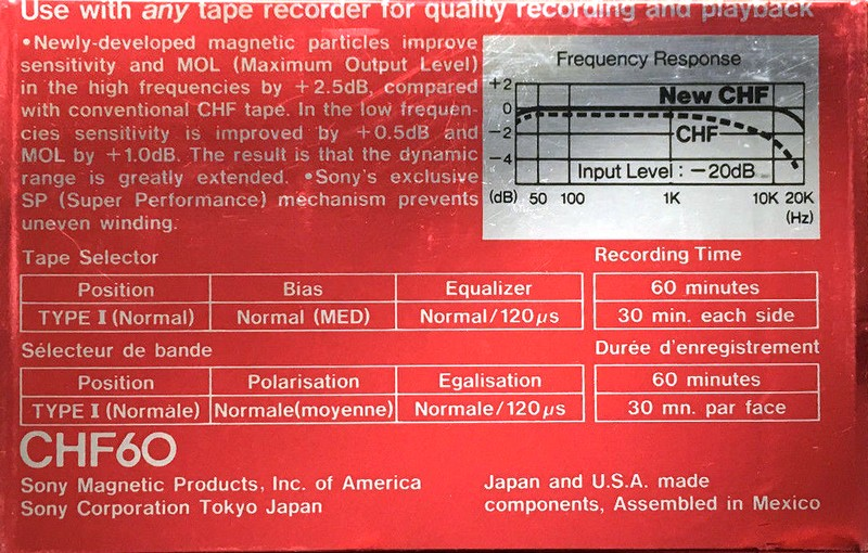 Compact Cassette Sony CHF 60 Type I Normal 1982 North America