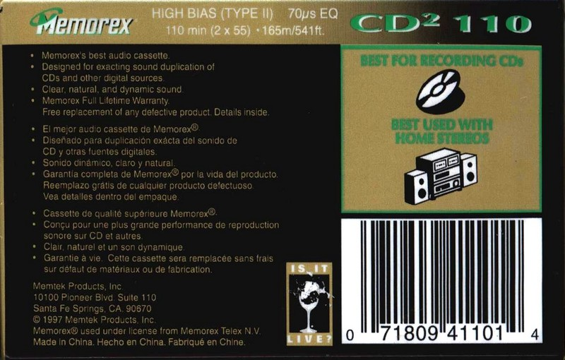 Compact Cassette Memorex CD 2 110 Type II Chrome 1998 Canada, USA