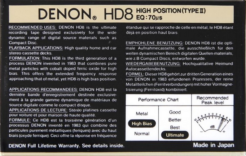 Compact Cassette Denon HD8 90 Type II Chrome 1988 USA