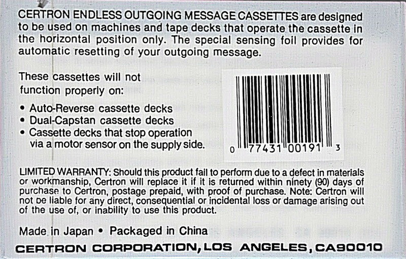 Compact Cassette Certron 30 Endless Cassette USA