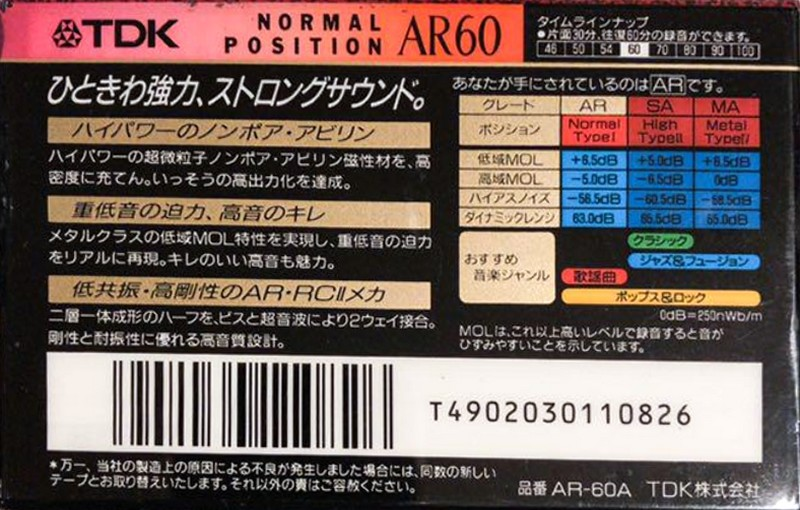 Compact Cassette TDK AR 60 "AR-60A" Type I Normal 1993 Japan