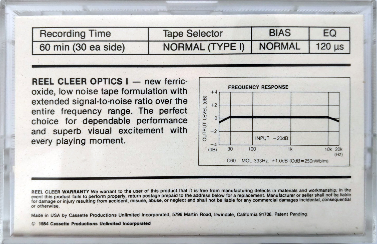 Compact Cassette Reel Cleer Optics I 60 Type I Normal 1984 USA