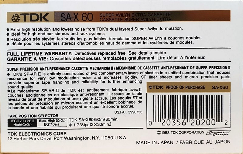 Compact Cassette TDK SA-X 60 Type II Chrome 1988 North America