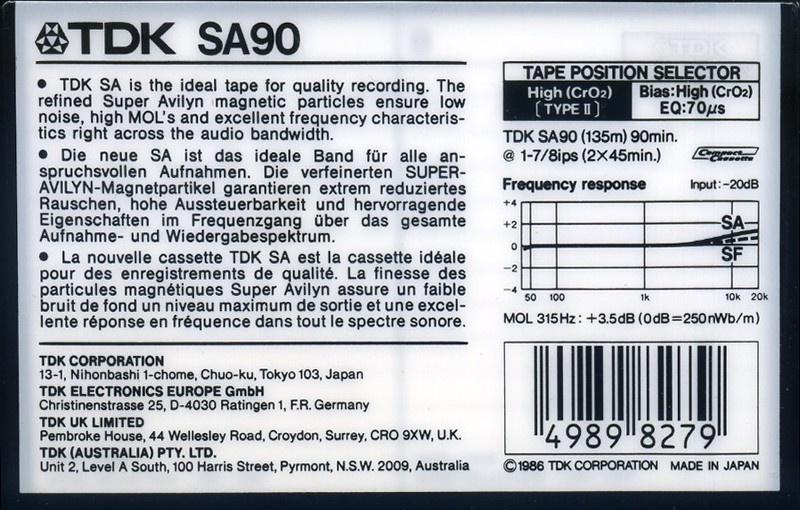Compact Cassette TDK SA 90 Type II Chrome 1986 Australia, Europe