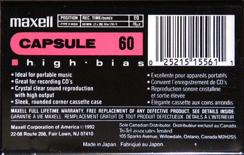 Compact Cassette Maxell Capsule 60 Type II Chrome 1992 North America