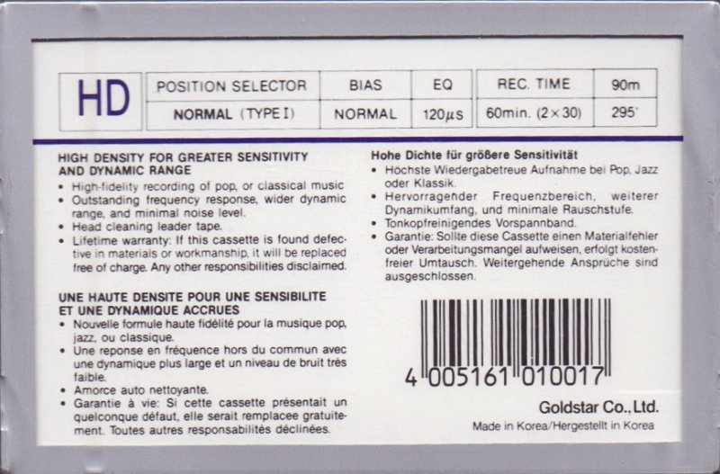 Compact Cassette Goldstar HD 60 Type I Normal 1986 Europe