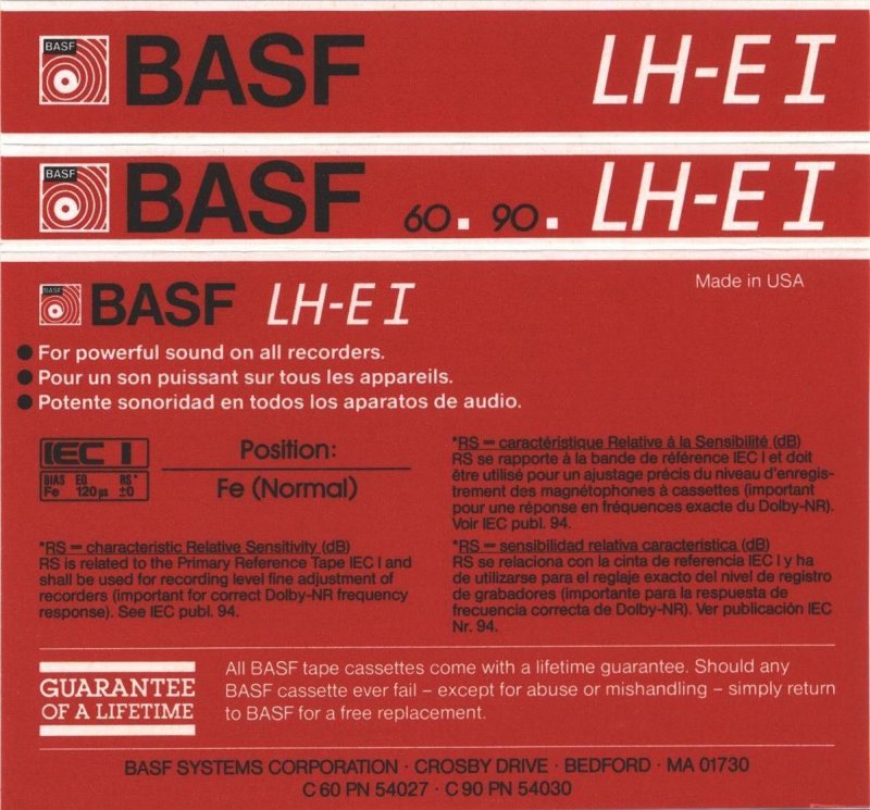 Compact Cassette BASF LH Extra I 60 "Large Window" Type I Normal 1985 North America