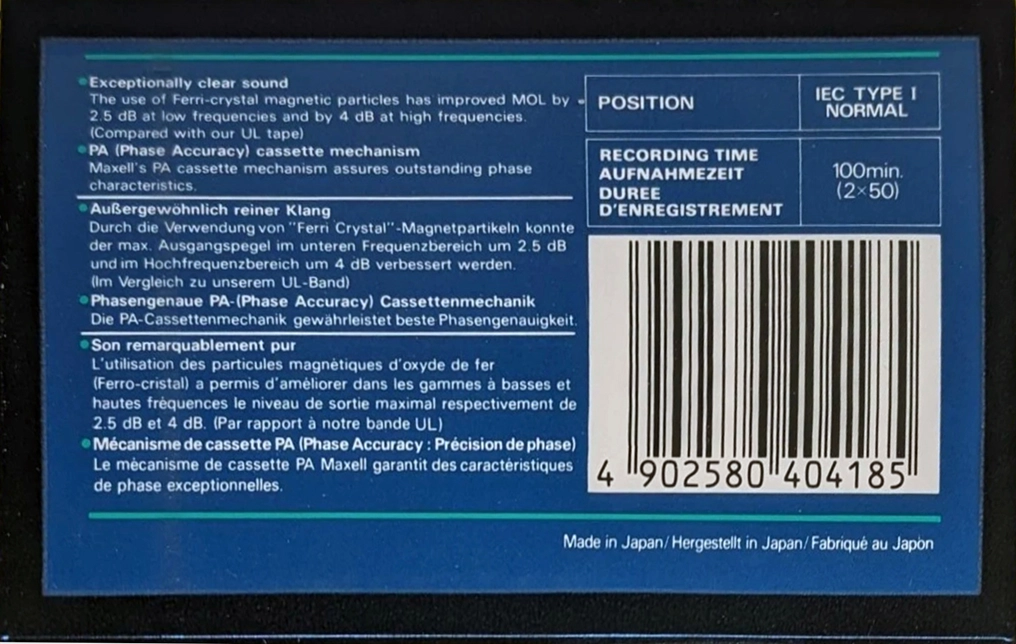 Compact Cassette Maxell UDI / UD1 100 Type I Normal 1985 Europe