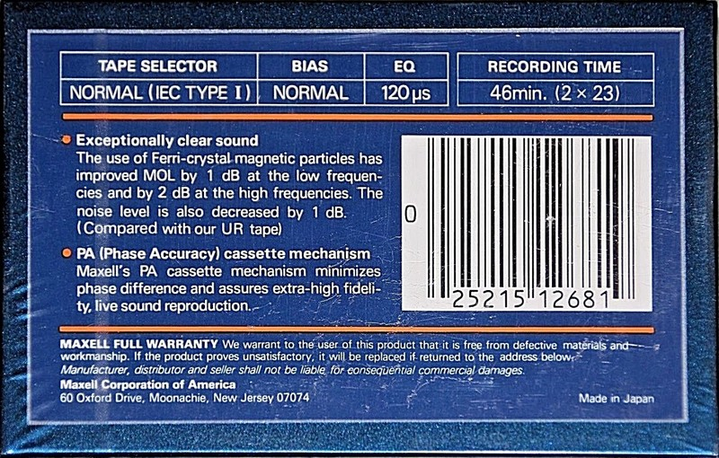 Compact Cassette Maxell UDS 46 Type I Normal 1985 USA