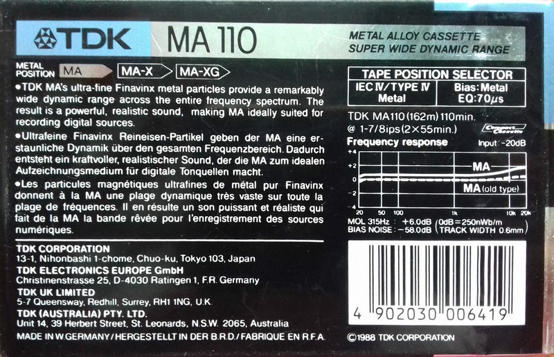 Compact Cassette TDK MA 110 Type IV Metal 1988 Australia, Europe