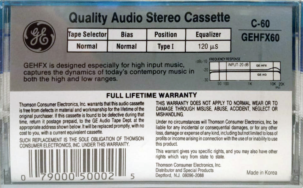 Compact Cassette GE / General Electric GE-HFX 60 Type I Normal 1988 USA