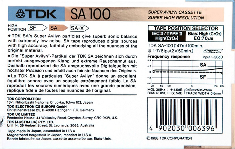 Compact Cassette TDK SA 100 Type II Chrome 1988 Australia, Europe