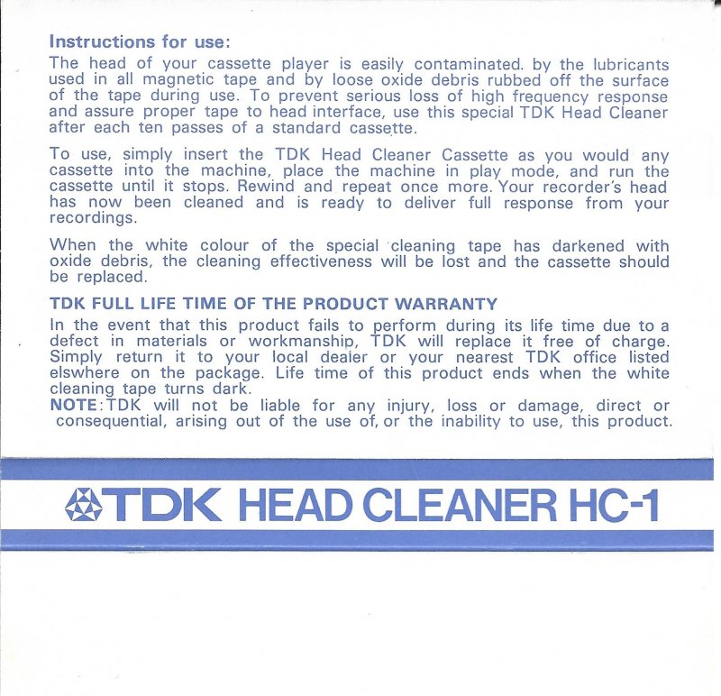 Compact Cassette TDK "HC-1" Cleaning Cassette 1982 Worldwide