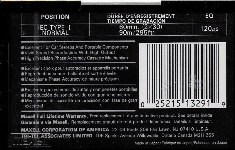 Compact Cassette Maxell XLI 60 Type I Normal 1992 North America