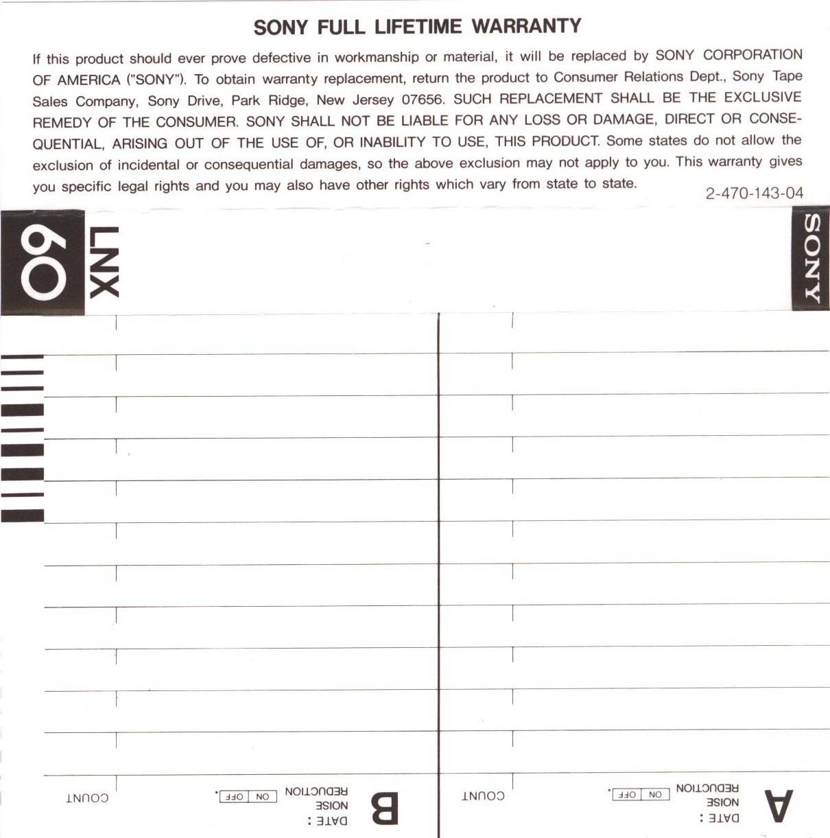 Compact Cassette Sony LNX 60 Type I Normal 1983 USA