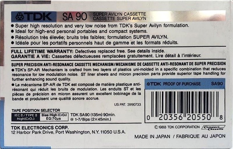 Compact Cassette TDK SA 90 Type II Chrome 1988 North America