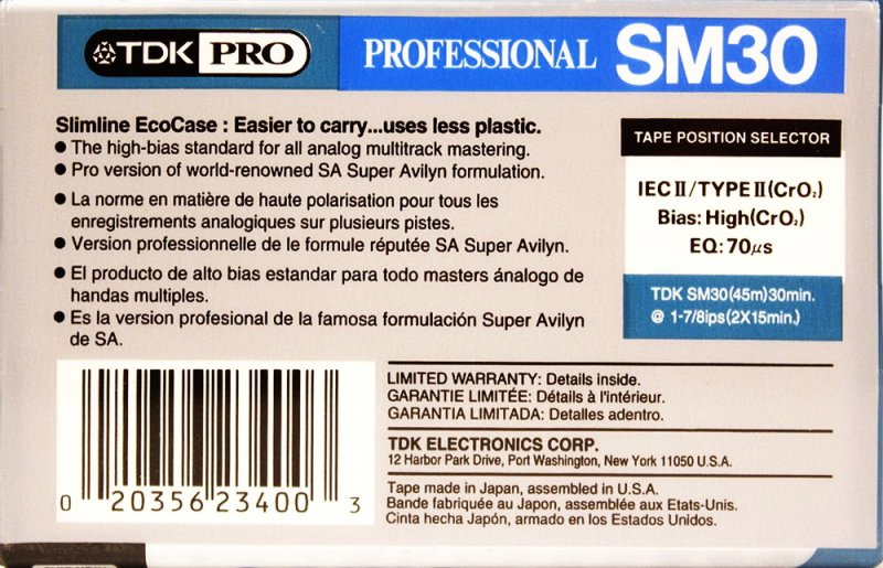 Compact Cassette TDK PRO SM 30 Type II Chrome 1997 USA