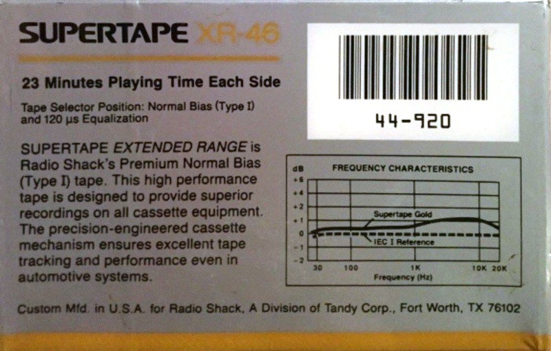 Compact Cassette SUPERTAPE XR 46 Type I Normal 1988 USA