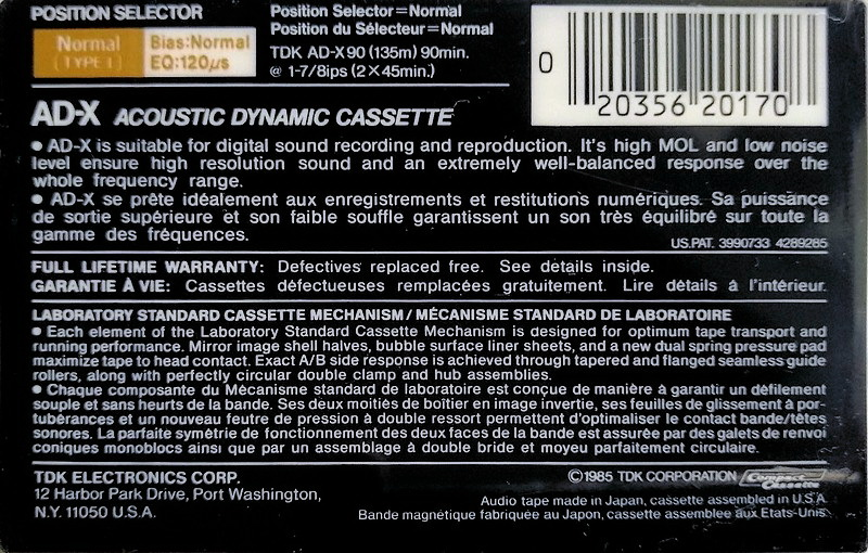 Compact Cassette TDK AD-X 90 Type I Normal 1985 North America