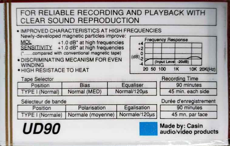 Compact Cassette Casin 90 "UD" Type I Normal Europe