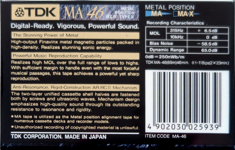 Compact Cassette TDK MA 46 "MA-46" Type IV Metal 1994 Europe