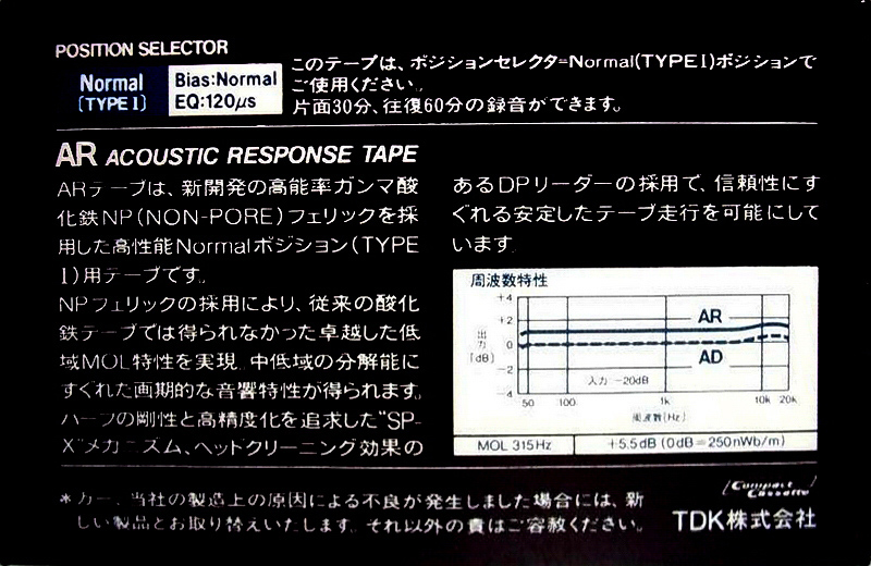 Compact Cassette TDK AR 60 Type I Normal 1984 Japan