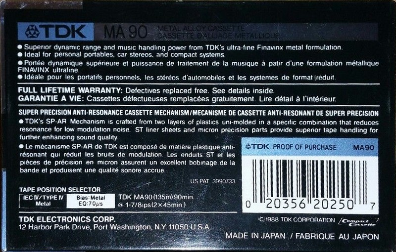 Compact Cassette TDK MA 90 Type IV Metal 1988 USA
