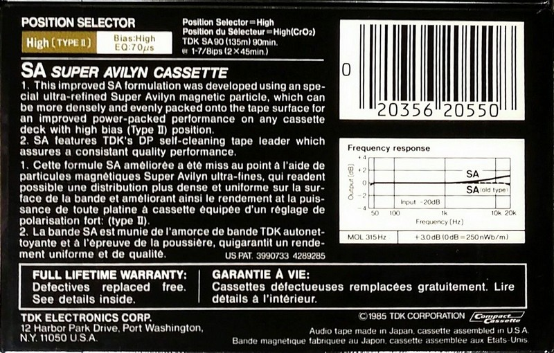 Compact Cassette TDK SA 90 Type II Chrome 1985 North America