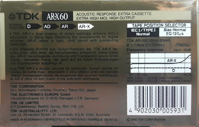 Compact Cassette TDK AR-X 60 Type I Normal 1988 Australia, Europe