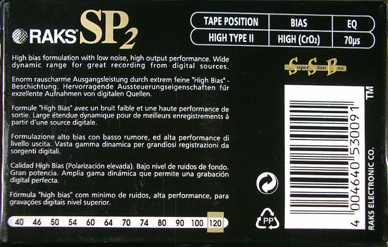 Compact Cassette RAKS SP 2 120 Type II Chrome 1998 Europe