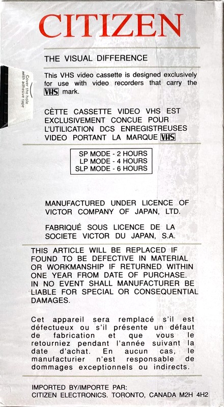 VHS, Video Home System Citizen HQ 120 Type I Normal Canada