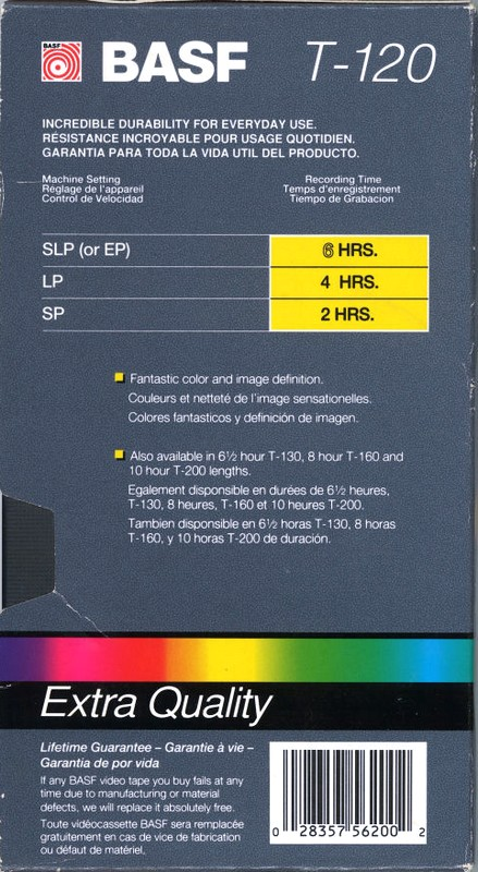 VHS, Video Home System BASF Extra Quality 120 Type I Normal 1988 USA