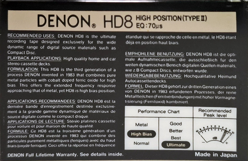 Compact Cassette Denon HD8 90 Type II Chrome 1988 Europe