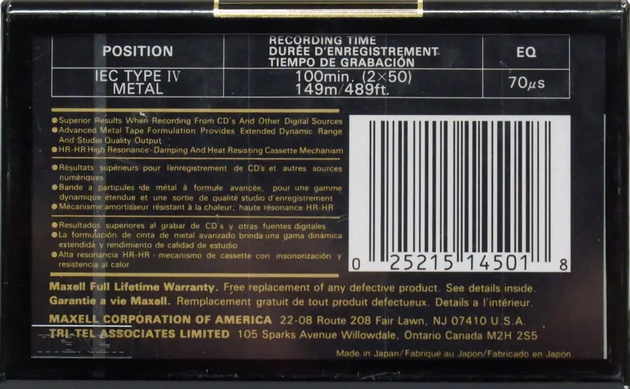 Compact Cassette Maxell MX-S 100 Type IV Metal 1994 North America