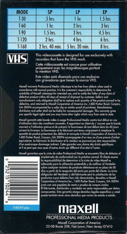 VHS, Video Home System Maxell P/I Plus 60 Type I Normal North America