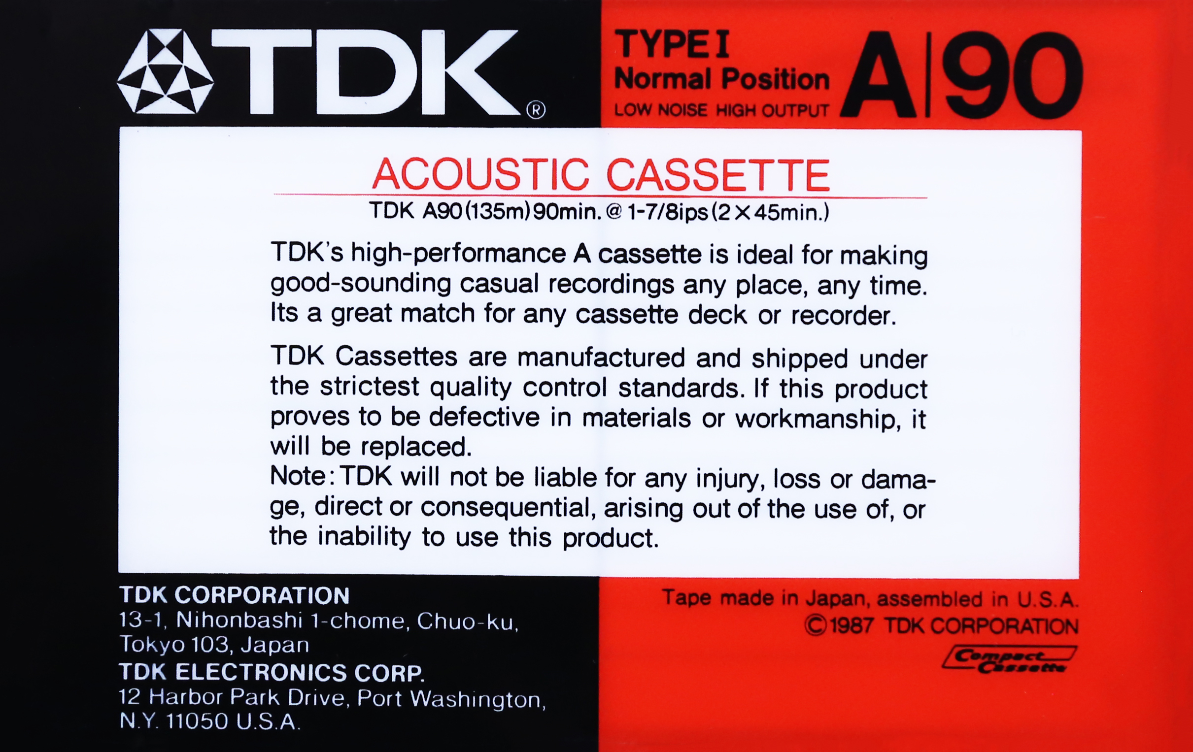 Compact Cassette TDK A 90 Type I Normal 1987 USA