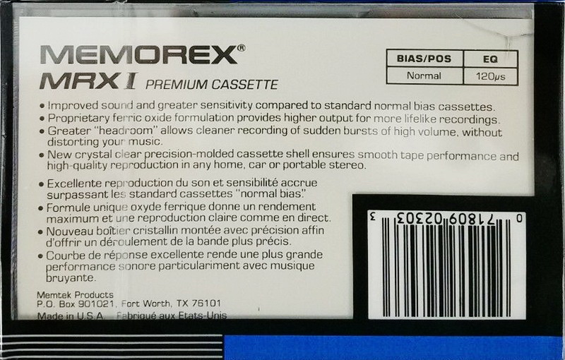Compact Cassette Memorex MRX I 60 Type I Normal 1990 Canada, USA