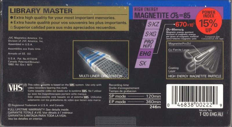 VHS, Video Home System JVC EHG 120 "T-120 EHGAU" Type I Normal 1995 North America