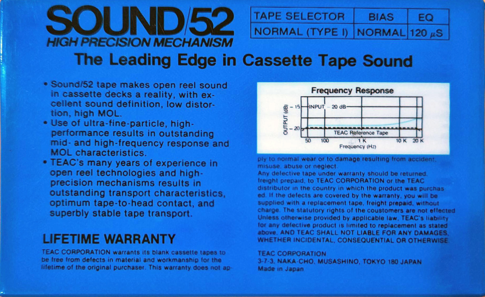Compact Cassette Teac SOUND 52 "/52B" Type I Normal 1984 USA
