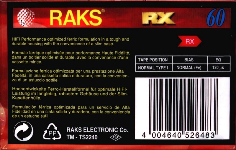 Compact Cassette RAKS RX 60 Type I Normal 1993 Europe